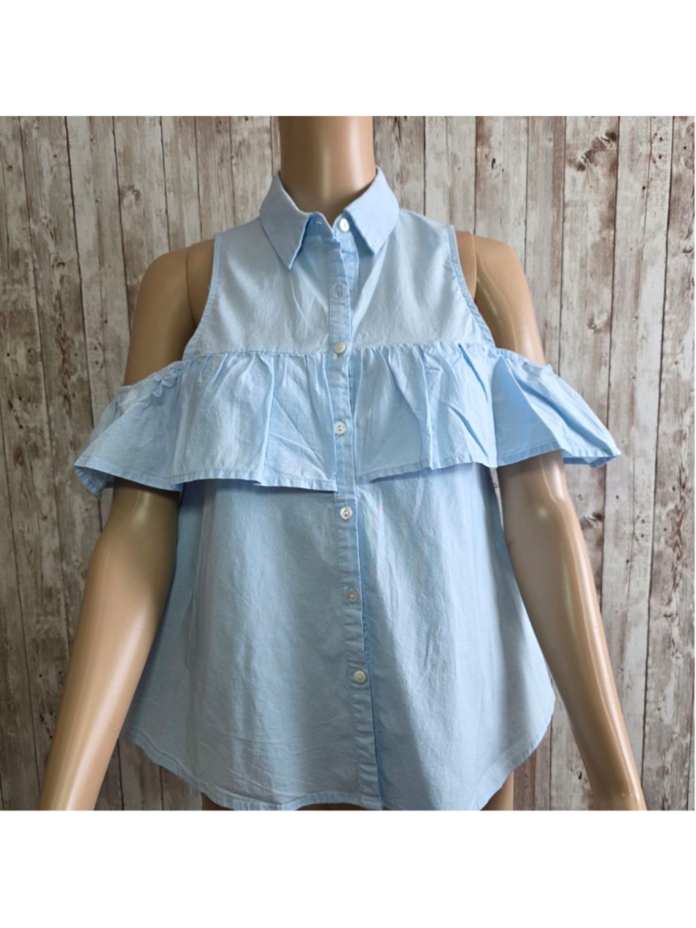 Women's Light Blue Cold Shoulder Ruffle Button Down Shirt S - Picture 2 of 9